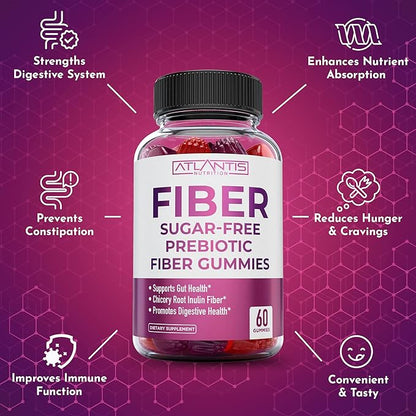 Atlantis Nutrition Sugar Free Fiber Gummies for Adults - 5G Fiber Supplement Formulated with 5.4G Prebiotic Digestive Blend - Supports Gut Health & Promotes Healthy Digestion - 2-Pack 120 Gummies