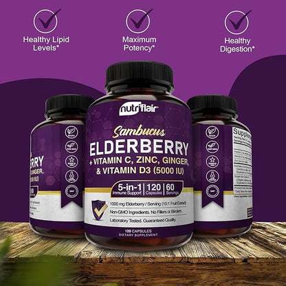 NutriFlair Sambucus Elderberry, 120 Veggie Capsules 5 in 1 Immune D3 5000 5000 IU, 2 Month