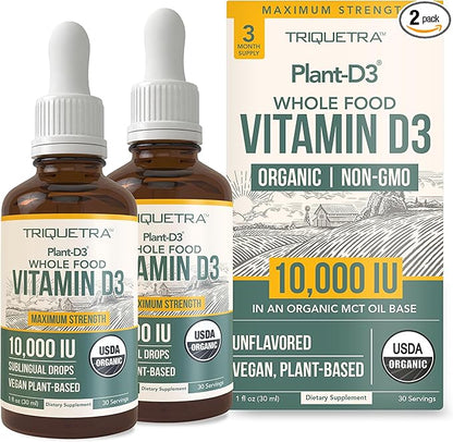 Organic Vitamin D3 10,000 IU - Plant D3, Vegan, Max Strength Sublingual Liquid D3 Drops - 200% Higher Absorption, 100% Plant-Based Cholecalciferol Form & Vegan D3, Adjustable Dosing (1oz - 2 Pack)