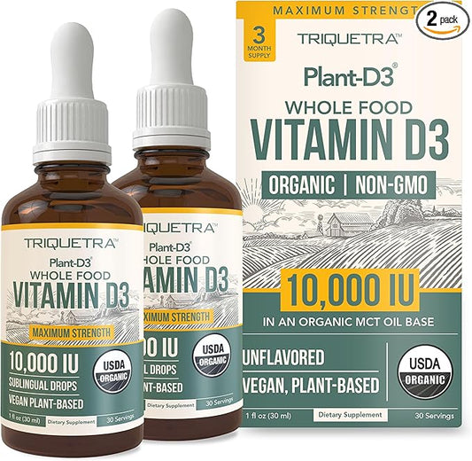 Organic Vitamin D3 10,000 IU - Plant D3, Vegan, Max Strength Sublingual Liquid D3 Drops - 200% Higher Absorption, 100% Plant-Based Cholecalciferol Form & Vegan D3, Adjustable Dosing (1oz - 2 Pack)