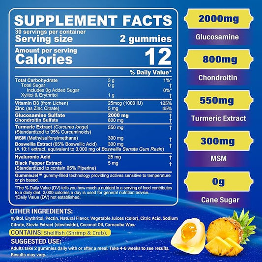 Sugar Free Glucosamine Chondroitin MSM Filled Gummies 3100mg -Joint Support Supplement - Plus Turmeric, Boswellia, Hyaluronic Acid & Vitamin D3, Mobility, Comfort, Flexibility & Bone Support, 120Cts