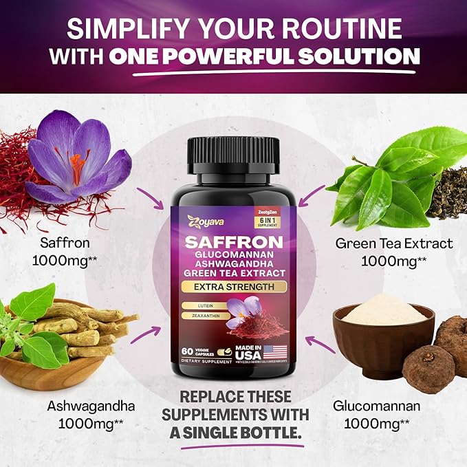 Zoyava Saffron Supplements 1000mg Glucomannan 1000mg 1000mg Green 1000mg Lutein 2 Month