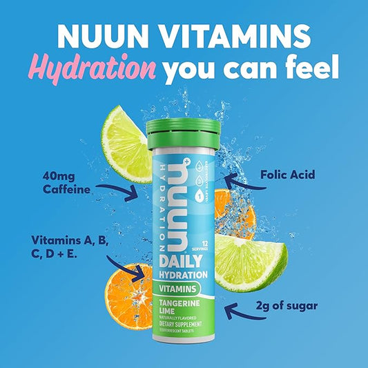 Nuun Hydration Vitamins Electrolyte Tablets, Tangerine Lime, 5 Essential Electrolytes for Hydration + Vitamin A, B6, C, D, E, with Magnesium, Vegan, Non-GMO, 8 Pack (96 Servings)