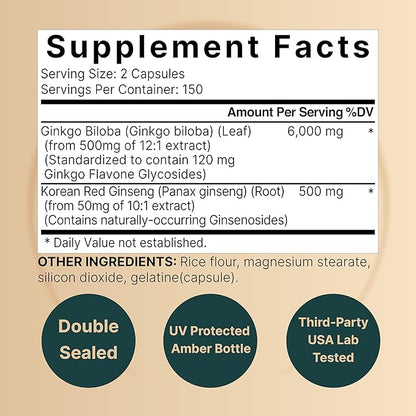 NatureBell Ginkgo Biloba 6,000mg with Panax 500mg Per 300 Capsules