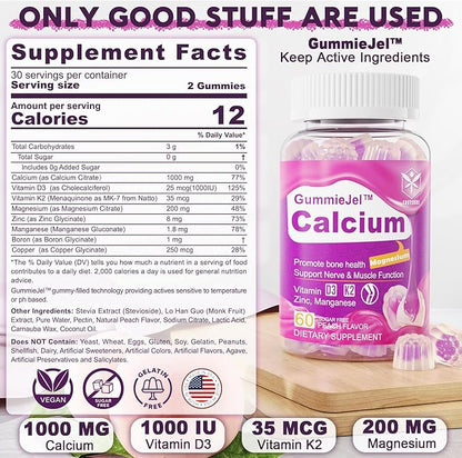 Sugar-Free Calcium Citrate Gummies 1000mg w/Vitamin D3 K2, K2, Magnesium, 120 Cts