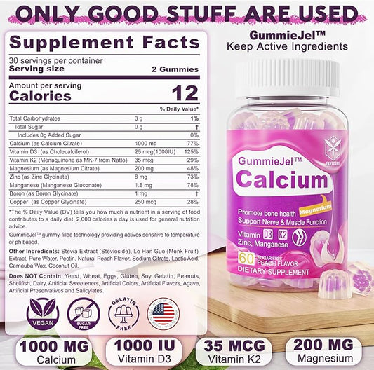 Sugar-Free Calcium Citrate Gummies 1000mg w/Vitamin D3 K2, K2, Magnesium, 120 Cts