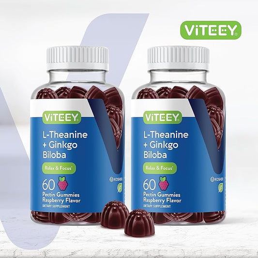 L-Theanine Gummies with Ginkgo Biloba for Adults - aids in Focus & Relax, Improve Mood - Non GMO, Gelatin Free, Vegan, Gluten Free, Naturally Sourced Chewable Tasty Raspberry Flavored Gummy