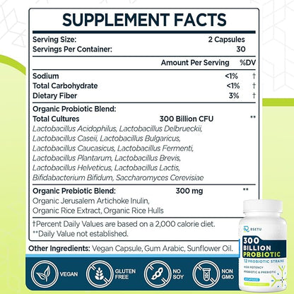 Probiotics for Women Men: 300 Billion CFU Probiotic High Potency + 12 Strains Organic Probiotics with Prebiotics, Daily Probiotic Supplement for Digestive, Gut, Immune and Bloating Health, 60 Capsules