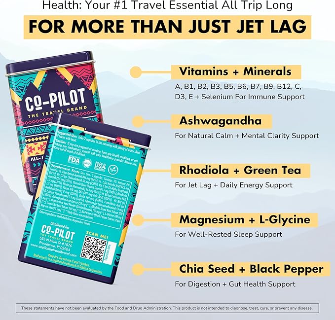 Supplement 2 Pack: Jet Lag Prevention + Ashwagandha, Rhodiola, D3+ for Immune Support, Energy, Digestive Health | Airplane Travel Essentials Multivitamin | Vegan | 120 Count