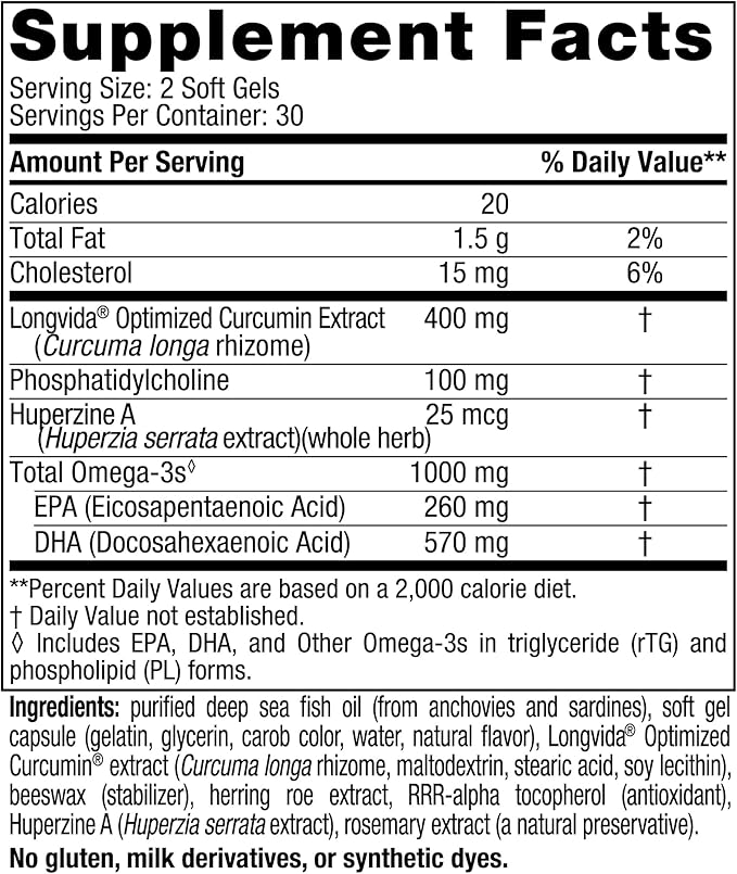 Nordic Naturals Omega Memory with Curcumin, Lemon - 60 Soft Gels - 1000 mg Omega-3 + 400 mg Optimized Curcumin - Memory, Cognition - Contains Phosphatidylcholine & Huperzine A - Non-GMO - 30 Servings