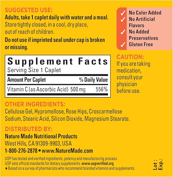Nature Made Vitamin C 500 mg 130 Caplets, 130 Day