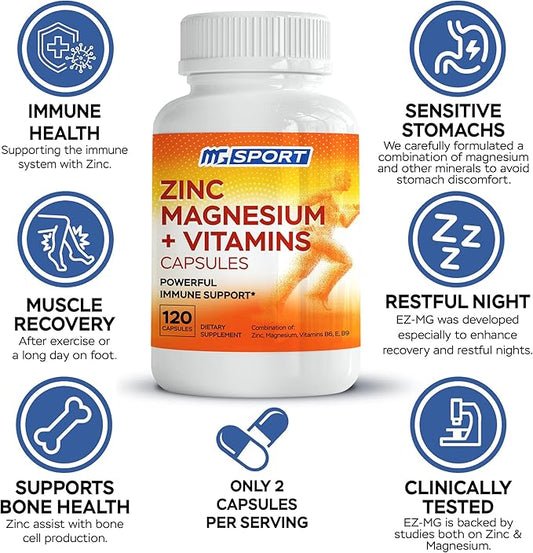 Magnesium Zinc Supplement with Vitamins B6, B9, MGSPORT 120 Capsules