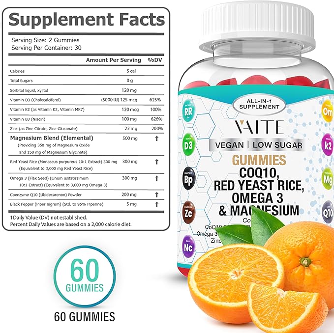 CoQ10 200mg Gummies with Red Yeast Rice & Magnesium Glycinate – Omega-3, Zinc, and Vitamin K2+D3 for Overall Health – Supplements for Adults – 60 Chewable Gummies