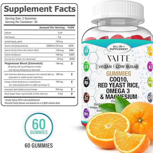 CoQ10 200mg Gummies with Red Yeast Rice & Magnesium Glycinate – Omega-3, Zinc, and Vitamin K2+D3 for Overall Health – Supplements for Adults – 60 Chewable Gummies