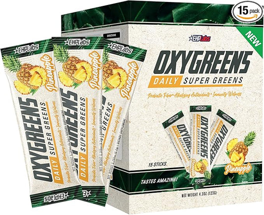 EHP Labs OxyGreens On The Go Greens Powder Stick Packs (15 Count) - Greens Packets - Spirulina & Chlorella Superfood, Sugar Free Green Juice Powder, Antioxidants & Immunity Support (Pineapple)