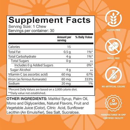 Celebrate Vitamins Iron Supplement with Vitamin C - 60mg Iron, 60mg Vitamin C, Bariatric Vitamins for WLS Patients, Vertical Sleeve & Gastric Bypass Surgery - Citrus, 30 Soft Chews