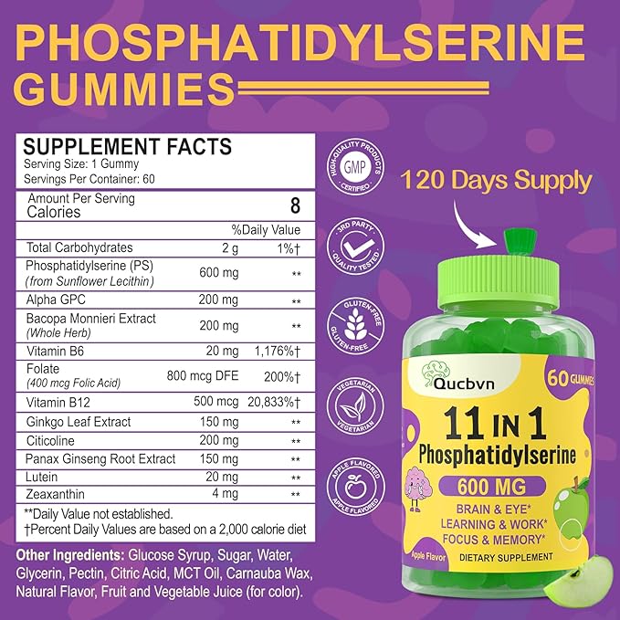 Phosphatidylserine Supplement 600mg, Alpha Brain Gummies B6 & B12, Bacopa 120 Count