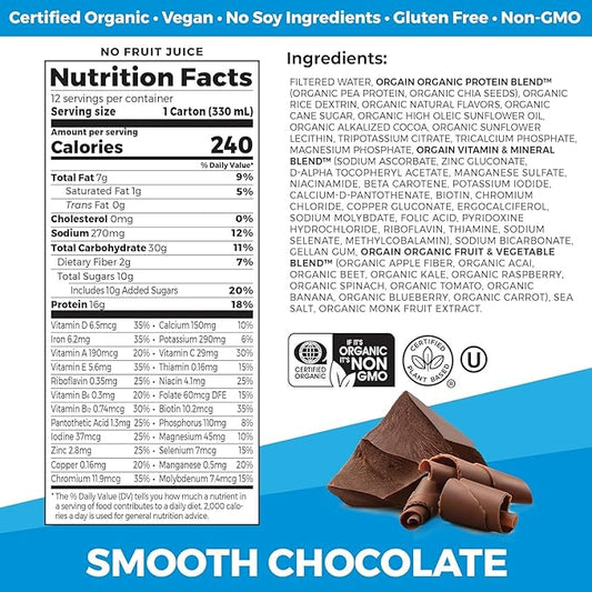 Orgain Organic Nutritional Vegan Protein Shake, Smooth Chocolate - 16g Plant Based Protein, Meal Replacement, 22 Vitamins & Minerals, Fruits & Vegetables, Gluten Free, Non-GMO, 11 Fl Oz (Pack of 4)
