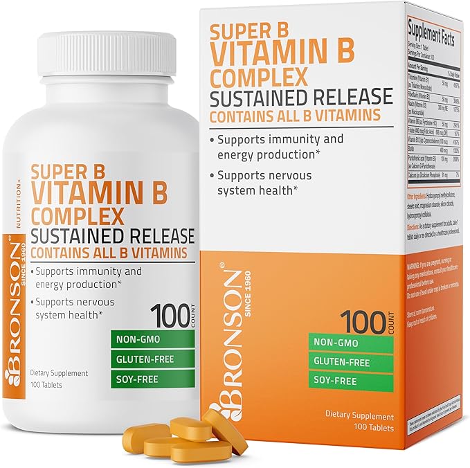 Bronson Super B Vitamin B Complex B1, B2, B2, B3, B3, B6, B6, B9 B9 - B12) Contains 100 Tablets