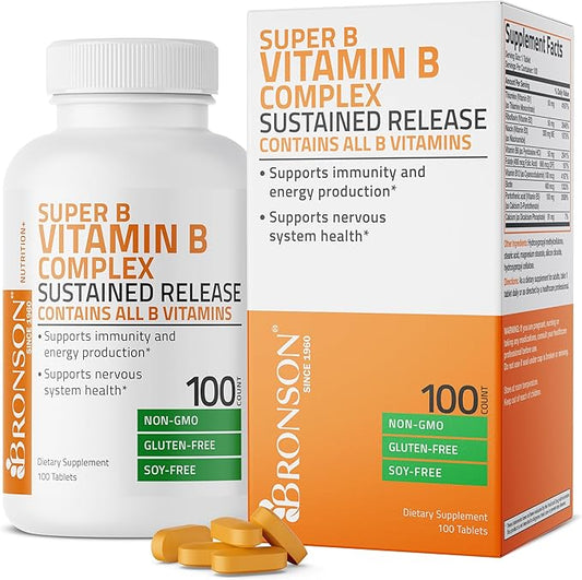 Bronson Super B Vitamin B Complex B1, B2, B2, B3, B3, B6, B6, B9 B9 - B12) Contains 100 Tablets