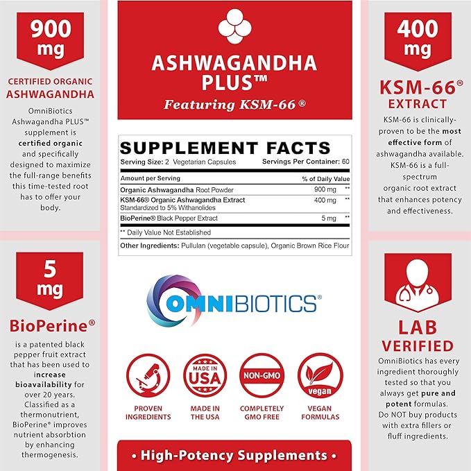 Ashwagandha Organic Capsules Clinical Strength 1300 KSM-66 Ashwagandha 120 Vegan