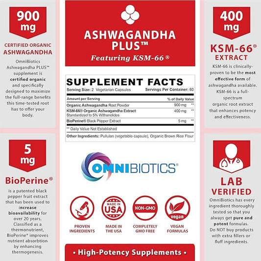 Ashwagandha Organic Capsules Clinical Strength 1300 KSM-66 Ashwagandha 120 Vegan