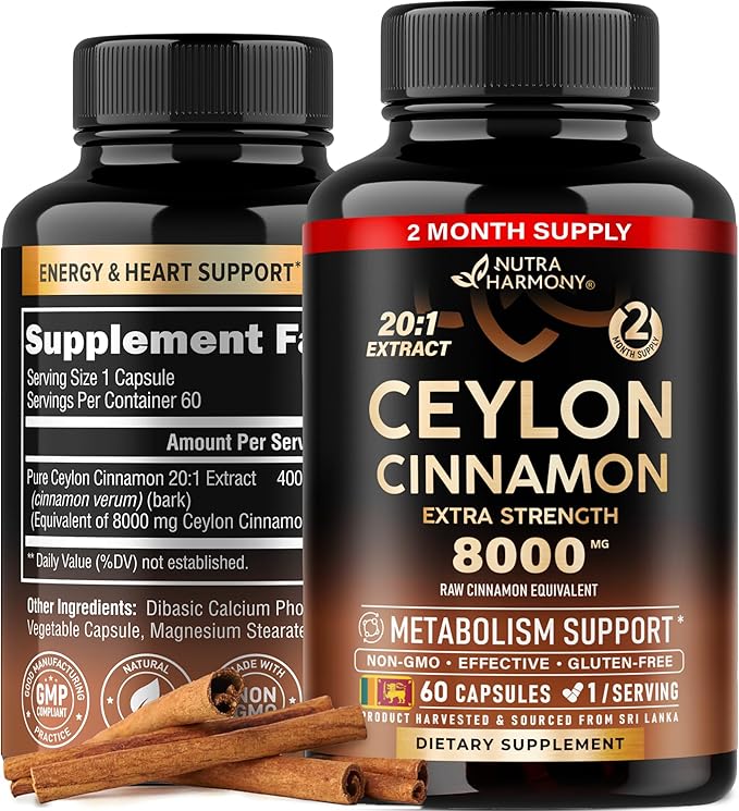 Ceylon Cinnamon Capsules 8000 mg, 20:1 Supplement 60 Vegan 2 Month
