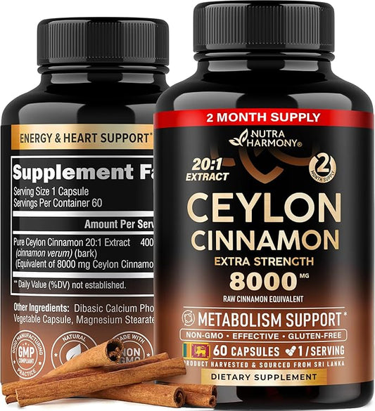 Ceylon Cinnamon Capsules 8000 mg, 20:1 Supplement 60 Vegan 2 Month