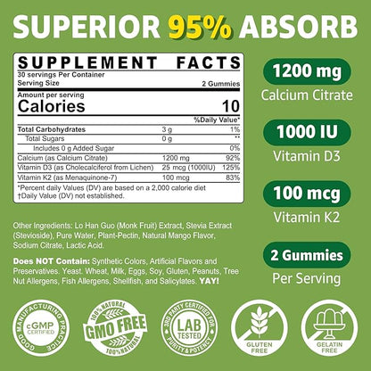 Calcium Citrate Gummies 1200mg with Vitamin D3 K2, Chewable Calcium Supplements for Women & Men, High Potency Support B0ne, Te*th, Strength & Immune Health, Mango Flavor, Non-GMO, Sugar Free, 120 Cts