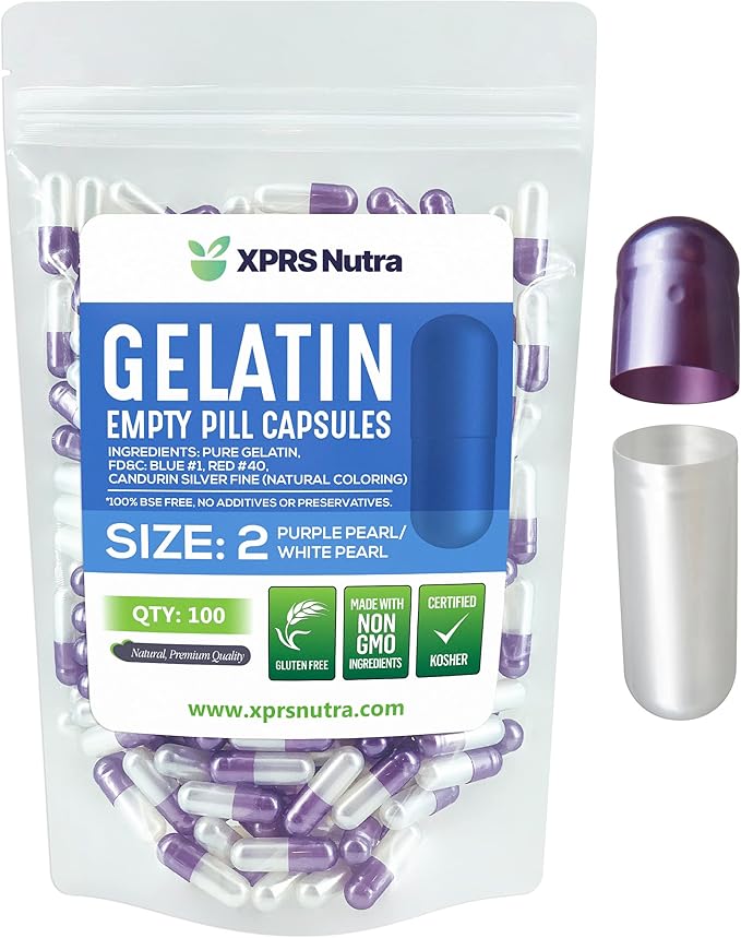 XPRS Nutra Size 2 Empty Capsules - 100 Count Empty Gelatin Capsules - Empty Pill Capsules - DIY Capsule Filling - Pure Bovine Pill Capsules Empty Gel Caps (Pearl Purple/White)