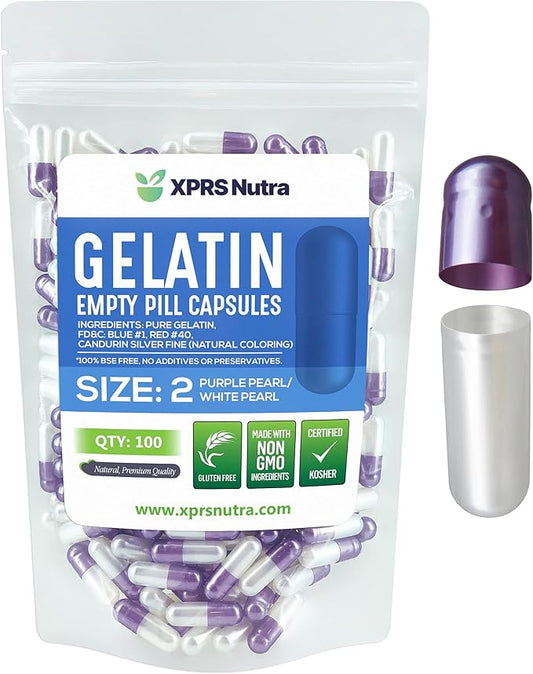 XPRS Nutra Size 2 Empty Capsules - 100 Count Empty Gelatin Capsules - Empty Pill Capsules - DIY Capsule Filling - Pure Bovine Pill Capsules Empty Gel Caps (Pearl Purple/White)