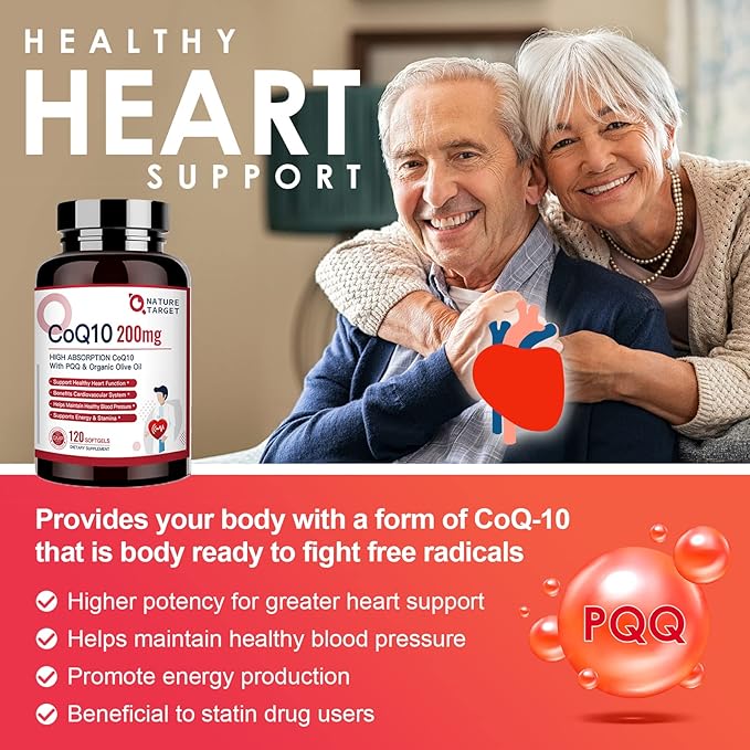 NATURE TARGET CoQ10-200mg-Softgels + PQQ with Organic-Olive-Oil Absorption-Coenzyme-Q10 - 120 Servings