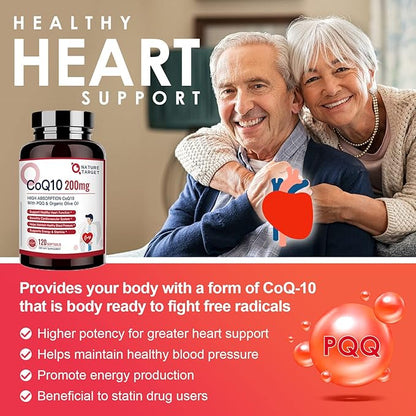 NATURE TARGET CoQ10-200mg-Softgels + PQQ with Organic-Olive-Oil Absorption-Coenzyme-Q10 - 120 Servings