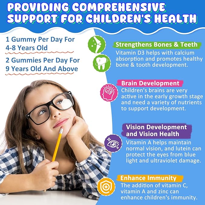 Kids Calcium Gummies + D3 & Magnesium for 4+, with Calcium Citrate Calcium Gluconate, Calcium Lactate, Probioics & Prebiotics for Children Bone Growth, Muscle Support,Digestive Health,Sugar Free 60Cts