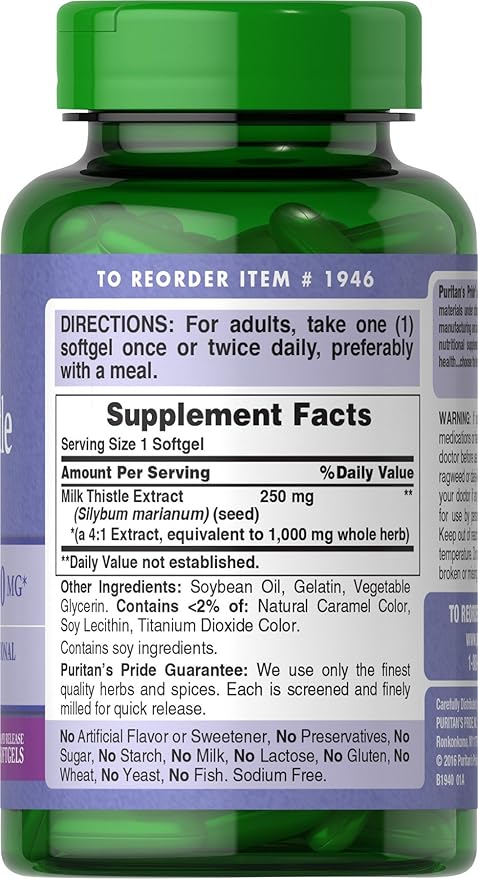 Puritan's Pride Milk Thistle 4:1 Extract 1000 Mg ,180 Count