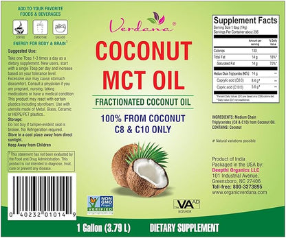 Verdana MCT Oil, Fractionated, 100% from Coconut - 1 Gallon - Kosher Food Grade, Vegan, Non-GMO - Great for Keto and Paleo Diet, Oil Pulling Oral Rinse Mouthwash (128 Fl Oz)…