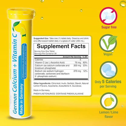 German Calcium + VIT. C - 480 Vegan Drink Effervescent Tablets - Lemon Lime Flavor - Made in Germany