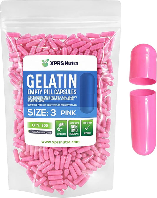XPRS Nutra Size 3 Empty Capsules - 500 Count Empty Gelatin Capsules - Empty Pill Capsules - DIY Capsule Filling - Pure Bovine Pill Capsules Empty Gel Caps (Pink)