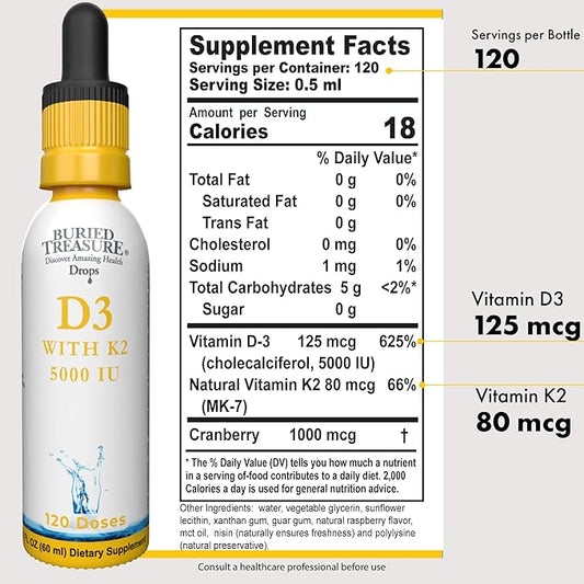 Buried Treasure Vitamin D3 & K2 Drops - 5000 IU D3 with 100 mcg K2 for Bone, Heart & Immune Support, Sugar Free, 2 fl oz