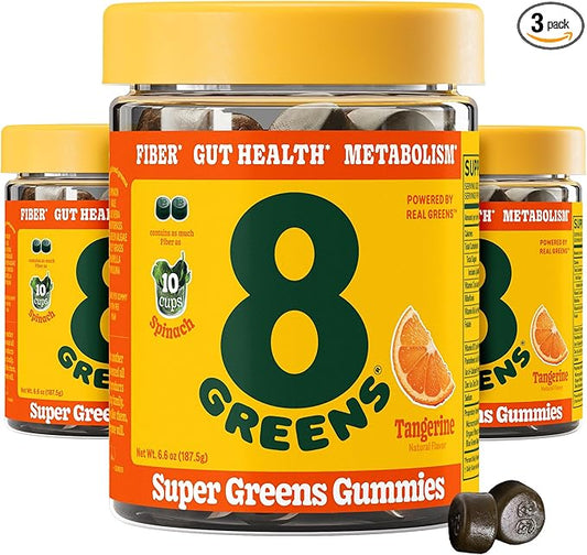 8Greens Daily Fiber Super Greens Gummies - Tangerine Flavor: Boost Immune System & Digestive Health with 8 Real Greens - Non-GMO Formula, Chewables, 50 Vegan Gummies, Pack of 3