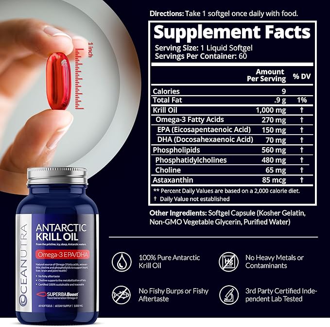 100% Pure Krill Oil 1000mg, Omega 3, Highest 56% Phospholipids,