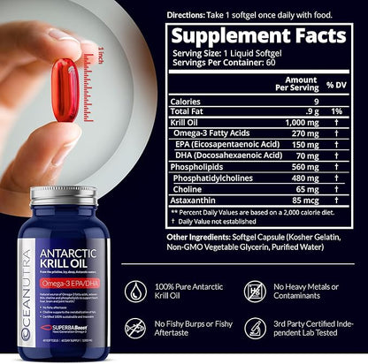 100% Pure Krill Oil 1000mg, Omega 3, Highest 56% Phospholipids,