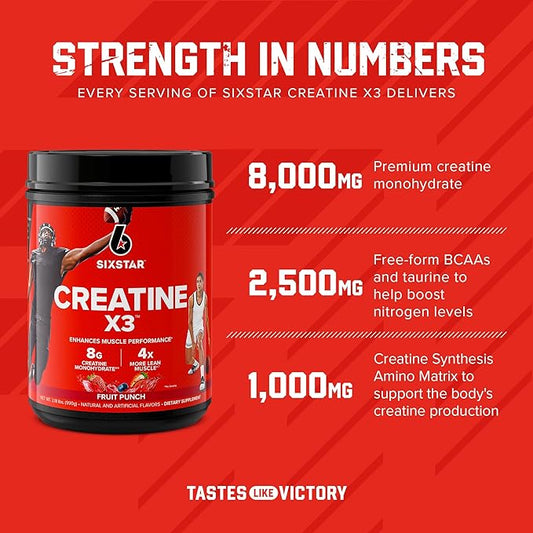 Six Star Creatine Monohydrate Powder, X3 (Fruit Punch) - Flavored Creatine HCl Powder Monohydrate Supplement for Muscle Building & Performance - Post Workout Supplement for Men & Women - 30 Servings
