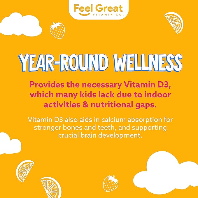 Feel Great Kids Vitamin D3 1000 IU Gummies | Kids Vitamin D Gummies for Healthy Bones, Mood, & Immune Support | Citrus Flavored Vegetarian D3 Gummies | 90 Day Supply
