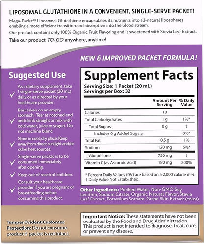 Aurora Nutrascience Mega-Pack Liposomal Glutathione, Antioxidant, 750 mg 32 Packets, 21.7 fl (640 mL)