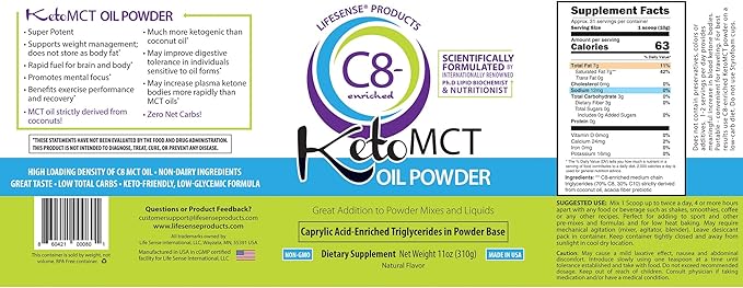 LifeSense C8 enriched MCT Oil Powder Unflavored Sourced from Coconut Oil, Keto-Friendly, Developed by PhD Nutrition in USA, Optimal Fuel for The Brain and Body