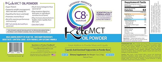 LifeSense C8 enriched MCT Oil Powder Unflavored Sourced from Coconut Oil, Keto-Friendly, Developed by PhD Nutrition in USA, Optimal Fuel for The Brain and Body
