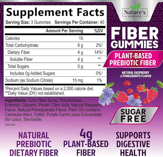 Sugar Free Fiber Gummies for Adults, Daily Prebiotic Natural Soluble Fiber Supplement & Digestive Health Support - Regularity & Digestion Health Support, Plant Based Berry Flavor - 120 Gummies
