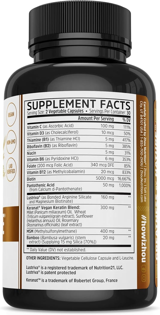 Zhou Hairfluence, Hair Growth Supplement with Clinically Studied Lustriva and Keranat and Hair Vitamins Biotin 5000mcg, Vitamin D, A, C & B12, Non-GMO, Gluten Free, 60 VegCaps
