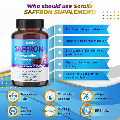 Saffron 14,950mg with Ashwagandha, Ginseng, L-Theanine, Relaxation, Restore - USA Made & Tested (150-day Supply (Pack of 1))